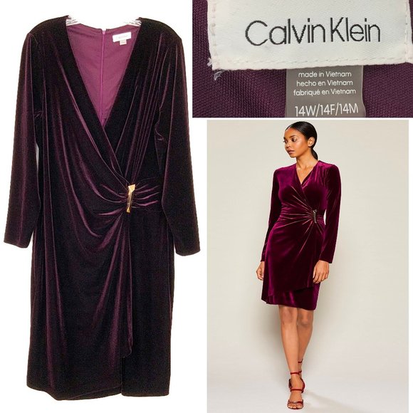Calvin  Klein Velour Velvet Burgundy Wrap Long Sleeve Dress Sz 14W - Picture 3 of 16